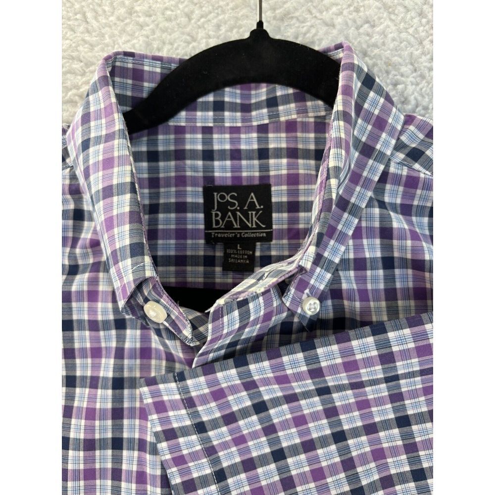 Jos A Bank Traveler Button Up Shirt Men Large Tailored Purple Plaid Short Sleeve